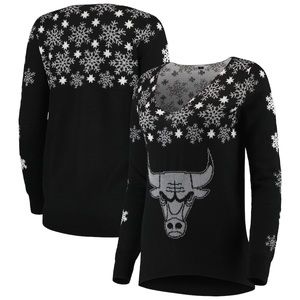 Women’s Chicago Bulls Black Snowflake Ugly V-Neck Sweater